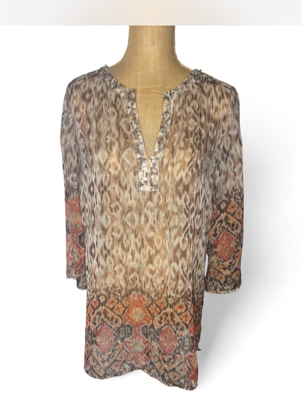 Chico's Animal Print Sequin V-Neck Tunic - Brown & Rust
